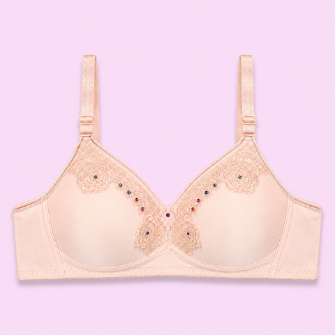 Black bra with floral embroidery and colorful beads