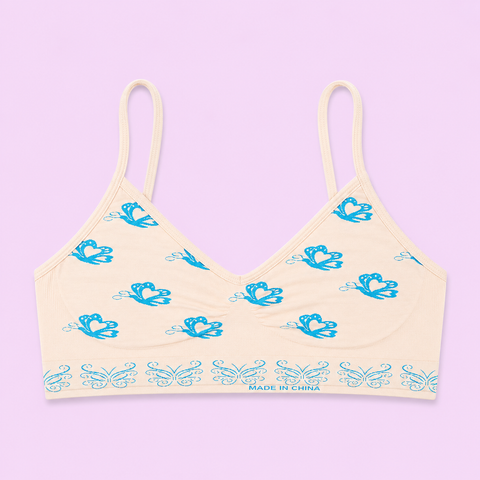 Beige bralette with blue butterfly patterns
