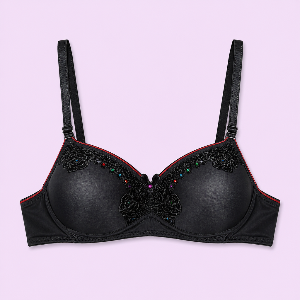 Black bra with floral embroidery and colorful beads