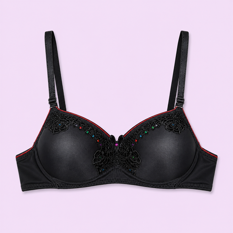 Black bra with floral embroidery and colorful beads