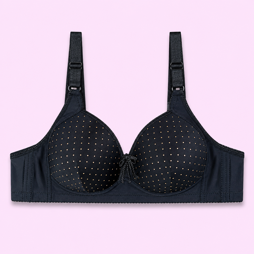 Black bra with white polka dots