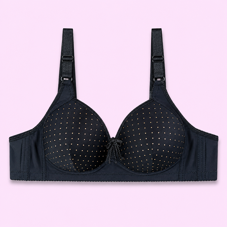 Black bra with white polka dots