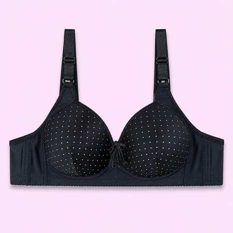 Black bra with white polka dots
