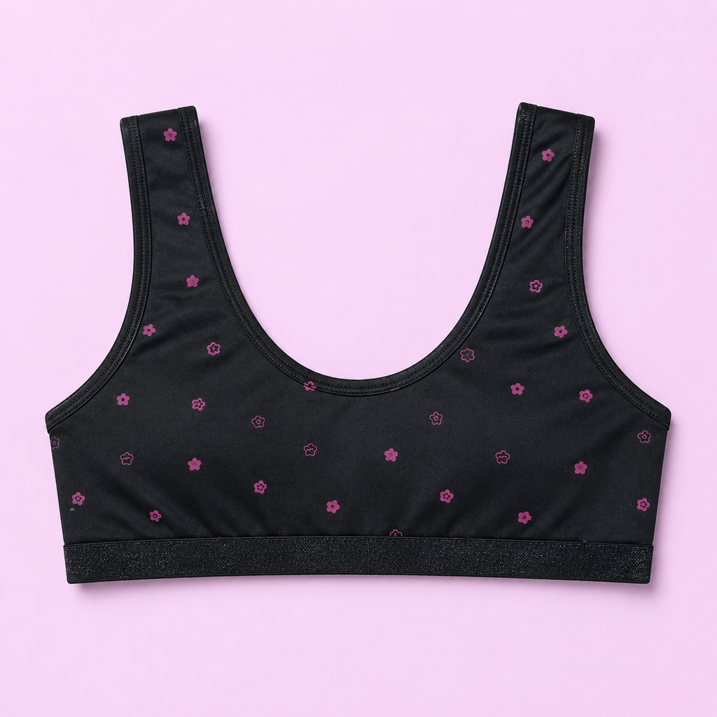 Black sports blouse with pink floral patterns