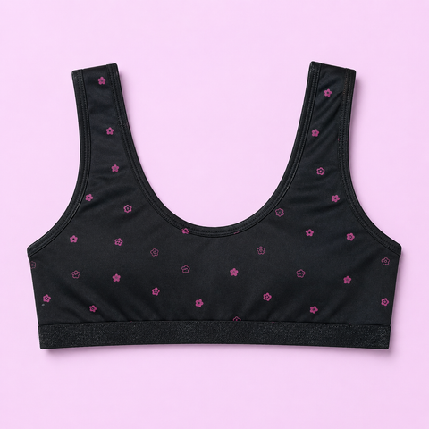 Black sports blouse with pink floral patterns