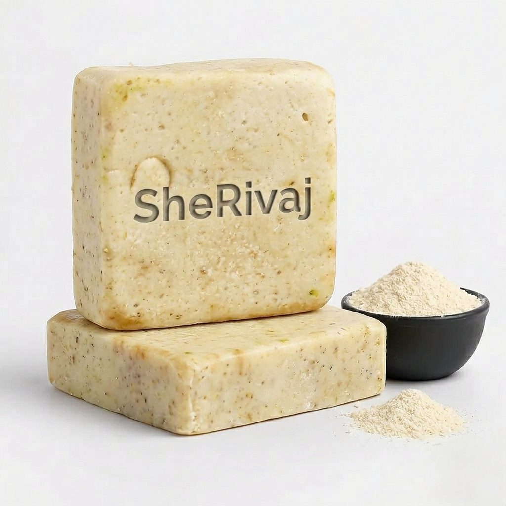 Two blocks of SheRivaj soap with a small bowl of powder Milk and rice 