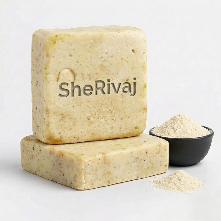 Two blocks of SheRivaj soap with a small bowl of powder Milk and rice