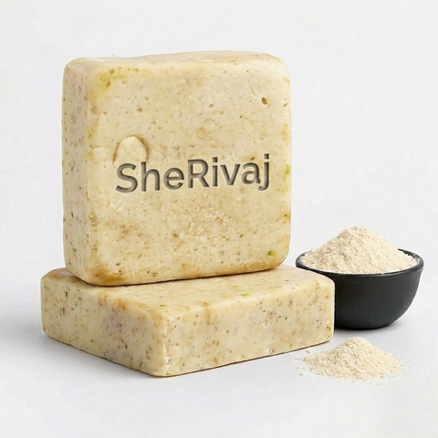 Two blocks of SheRivaj soap with a small bowl of powder Milk and rice 