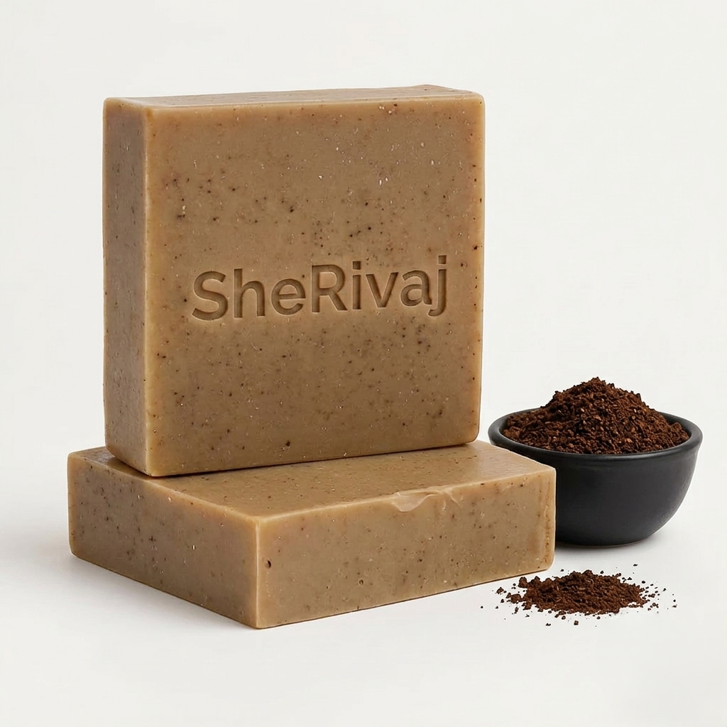 Two bars of SheRivaj soap with a small bowl of coffee grounds on a white background