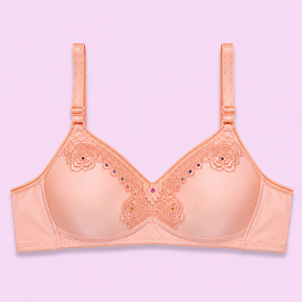 Peach-colored bra with floral lace details