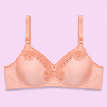 Peach-colored bra with floral lace details