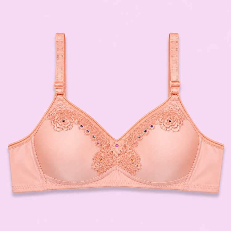 Peach-colored bra with floral lace details