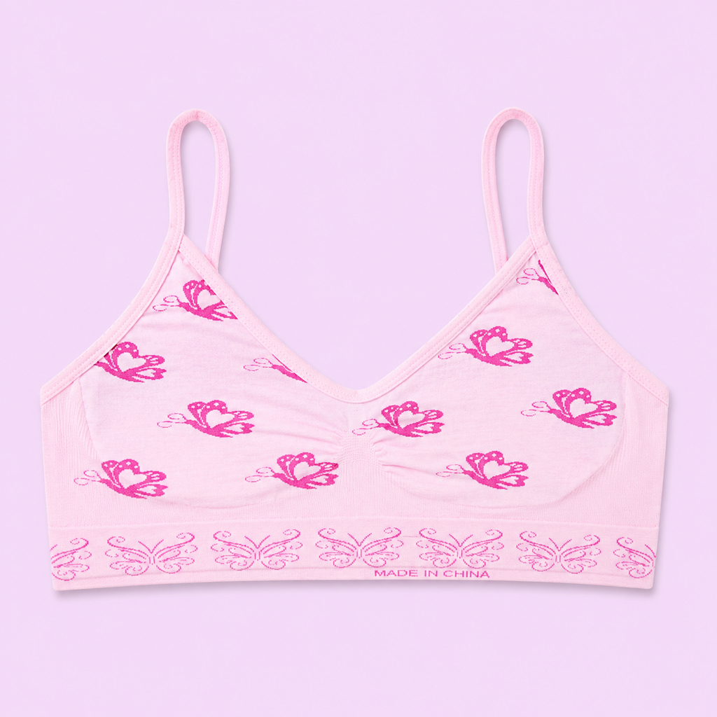 Pink bra with a butterfly pattern 