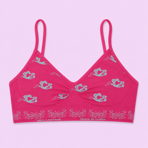 Beige bralette with blue butterfly patterns