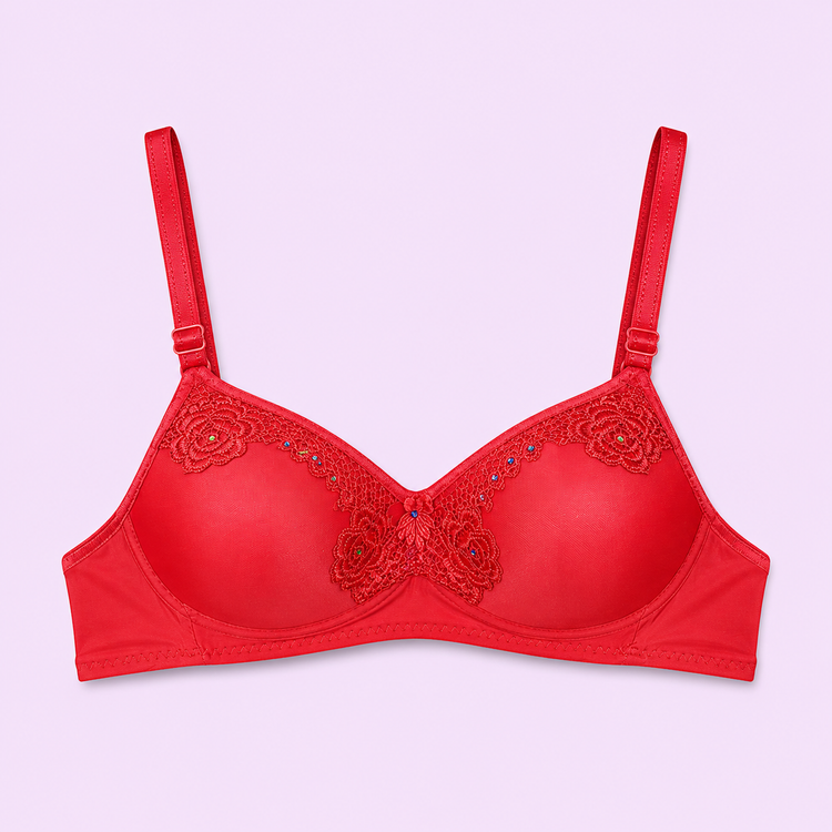 Red bra with floral lace details