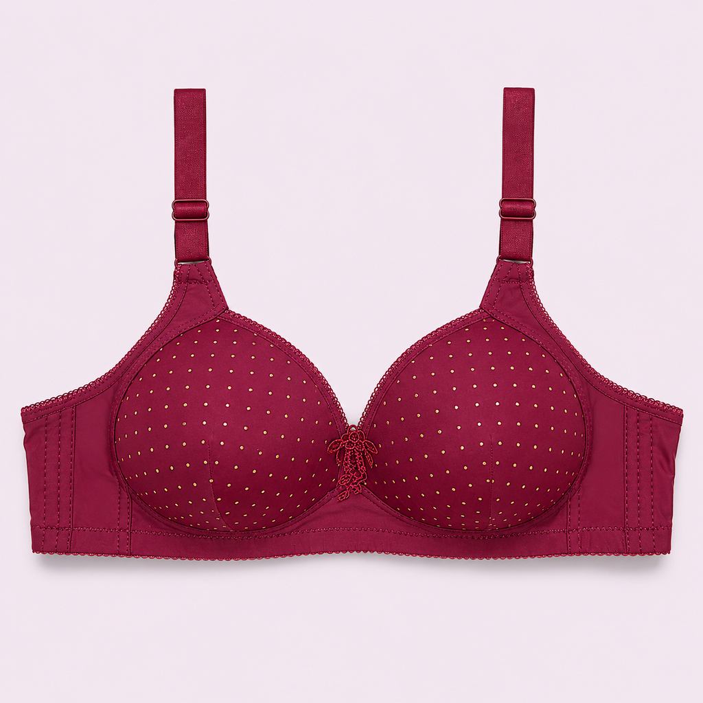 Red bra with gold polka dots