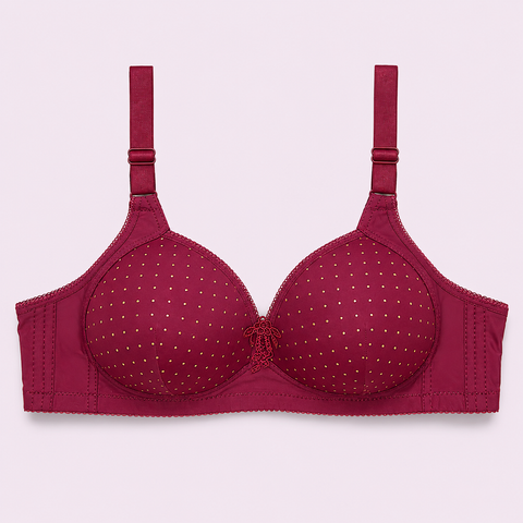 Red bra with gold polka dots
