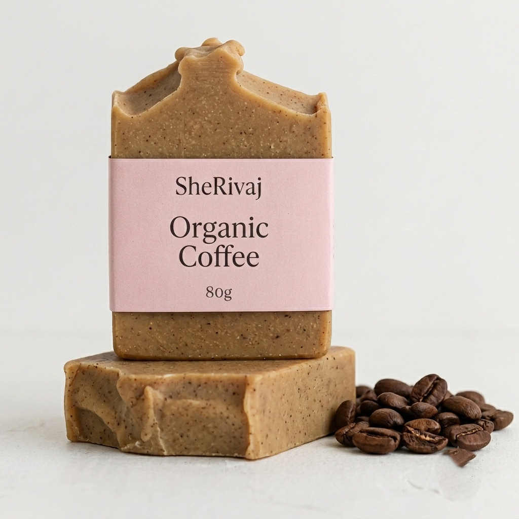 SheRivaj Organic Coffee soap bar with a pink label and coffee beans.